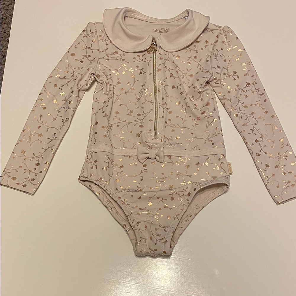 Le Chic Toddler Girl Size 3 T Gold Floral Vine Pattern long sleeve swimsuit